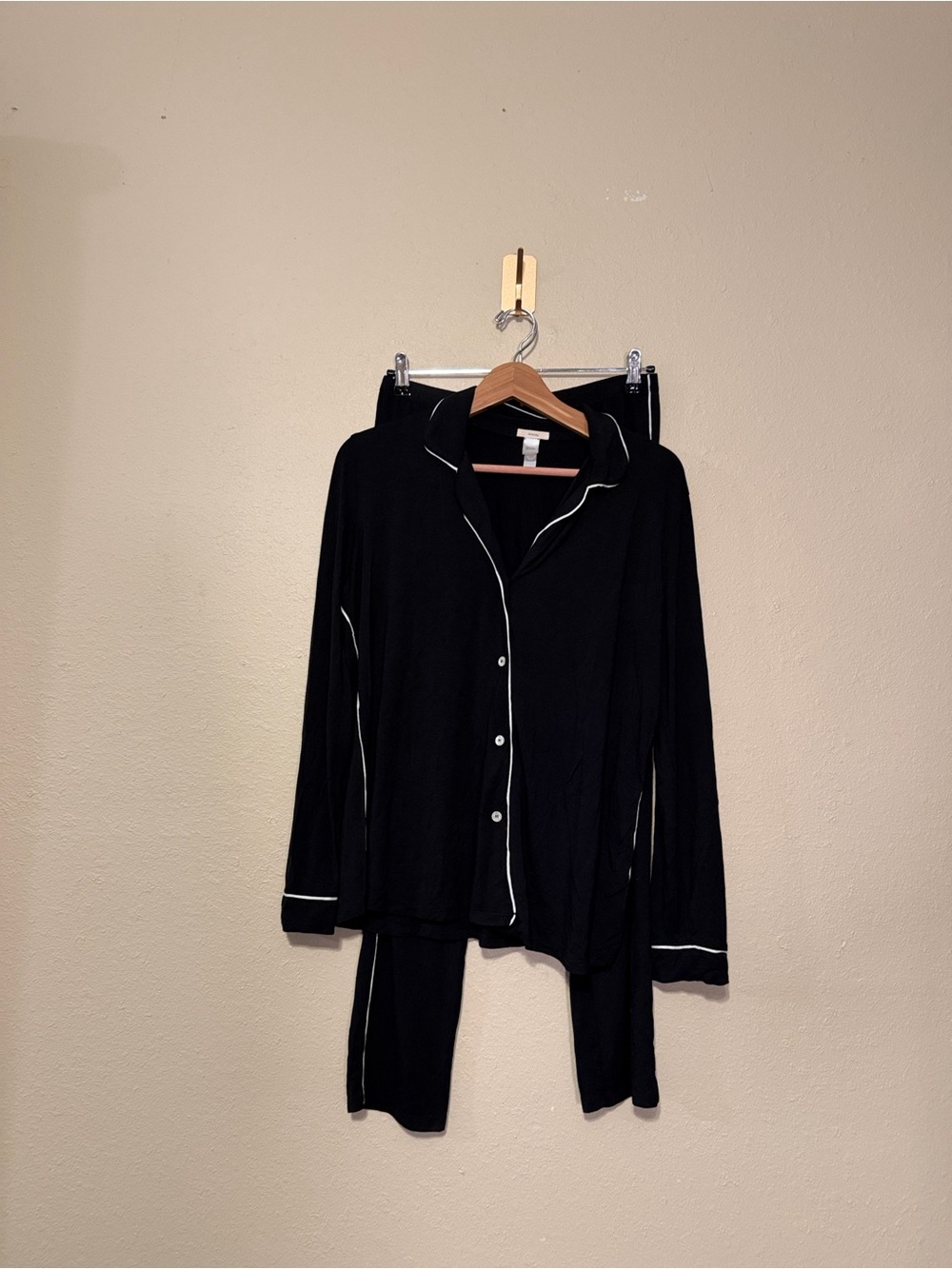 Eberjey Black Modal Pajama Set Long Sleeve with White Trim Size Medium